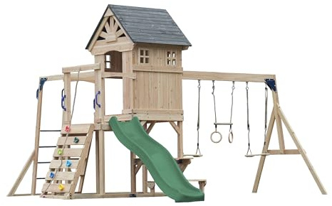 AXI Duncan Spielturm aus Holz mit 2 Schaukeln & Rutsche in Grün | XXL Spielhaus/Spielplatz für Kinder mit Klettergerüst, Kletterstangen & Trapez | Schaukelgerüst für den Garten