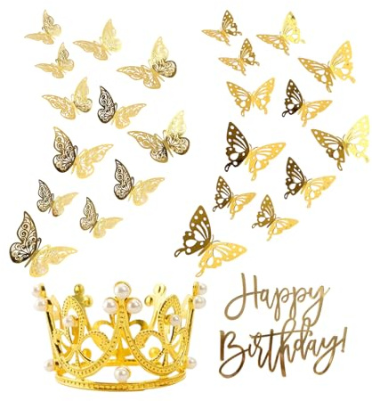NiceNaiils 26 Pcs Diamant Krone Tortendeko, Kristall Metall Krone Mädchen mit Happy Birthday Cake Topper, Gold Tortendeko Kugeln 3D Blitz Schmetterlings für Hochzeit Geburtstag Prinzessin Thema Party