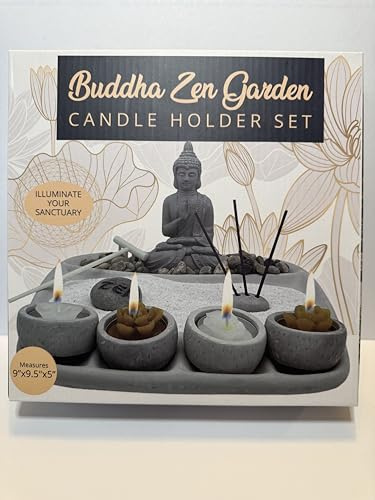 Buddha Zen Garden Candle Holder Set with Zen Rake, Incense Holder, 9 x 9.5 x 5, Meditation Decor
