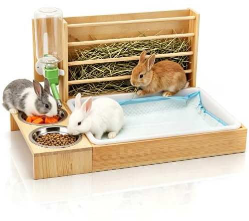 4 en 1 Dispensador heno Conejos, Estación alimentación heno | Dispensador heno extraíble para cobayas con bandeja higiénica, 2 cuencos y bebedero para conejos y animales pequeños