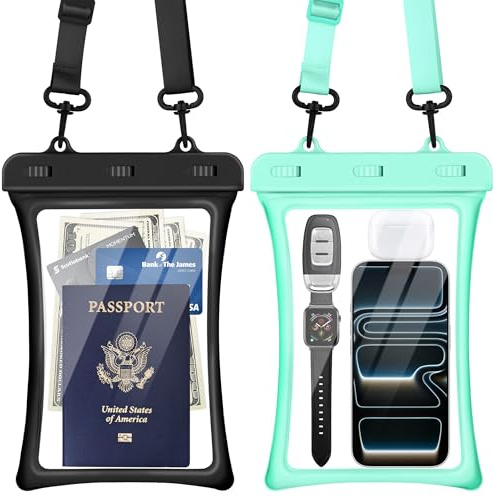CACOE Custodia galleggiante universale impermeabile IPX8, confezione da 2 pezzi, fino a 10 pollici, custodia regolabile con cordino per il trasporto, custodia impermeabile per vacanze, spiaggia