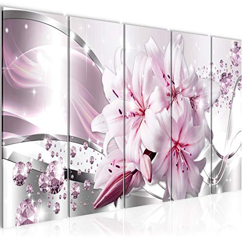 Runa Art Wandbild XXL Blumen Lilien Wohnzimmer Schlafzimmer 200 x 80 cm Grau Rosa 5 Teilig - Made in Germany - 021855c