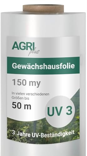 AGRI plus Gewächshausfolie 2,0 x 50 m I Hochtransparente & reißfeste Gartenfolie für Abdeckungen im Außenbereich I Schutzplane wetterfest & 3 Jahre UV-beständig I Folienstärke 0,150 mm