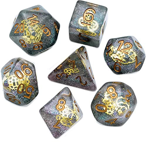 World of Dice Steampunk Würfel - bernsteinfarben, 7tlg. Pen and Paper Würfel Starterset, für Dungeons and Dragons und mehr (Steampunk Galaxy)