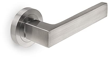 EMUCA - Manetas para puertas de interior, juego de manillas para puerta de paso con roseta D.50 mm, Aluminio, Níquel satinado.