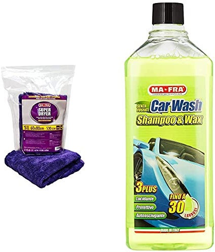 Ma-Fra Super Dryer, Panno In Microfibra Superfine, Ad Alto Grado Di Assorbimento E Resistenza, Nel Maxi Formato Da 60X80Cm & Mah0930 Carwash Shampoo E Cera Per Auto, Giallo Fluo, 1 L