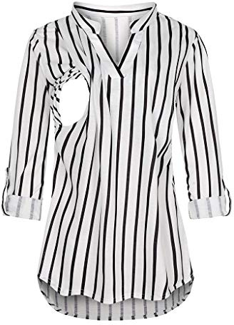 Chaconka Camisa de lactancia para mujer, de manga larga, cuello redondo, camiseta a cuadros sólidos, talla grande Atuomna invierno, blanco, XXL