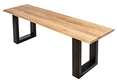 SAM Sitzbank 120x42 cm Enrico, Eichenholz massiv + geölt, schwarz lackiertes Kufengestell Metall, Esszimmerbank, echte Baumkante, Holzbank Massivholz, Baumkantenbank