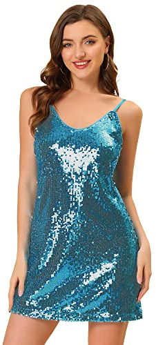 Allegra K Damen Halloween Glitzer Pailletten V Ausschnitt Spaghettiträger Mini Partykleid Clubwear, blau, Groß