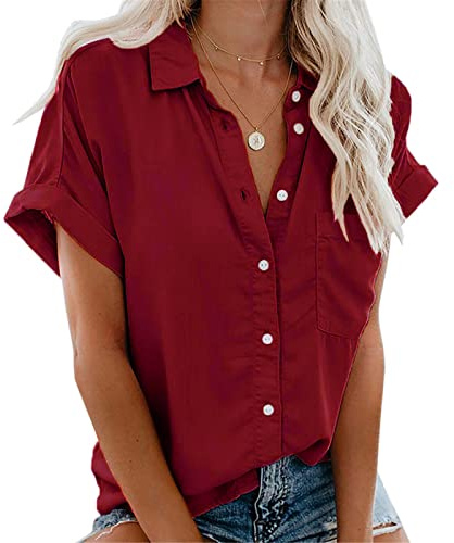 Xnova Camisa Manga Corta de Mujer Básica Blusa Botón Cuello en V Oversized Tops Sólido Essentials Shirt, Cuello con Solapa de Verano Camiseta con Bolsillo (Vino Tinto,L)