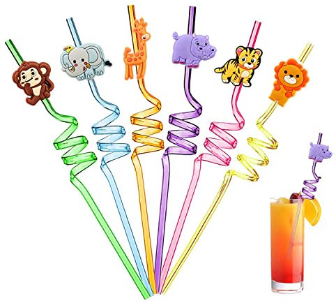 Ulife Mall 6 Stück Neuheit Safari Strohhalm Wiederverwendbare Plastik Strohhalme Lockige Party Trinkhalme Kinder Geburtstagsfeier Dekorationen Partybedarf