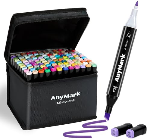AnyMark 120 Färger Alkoholbaserade Markers, Dubbelspetsade Konstpennor för Vuxna, Färgning och Ritning, Mejselspets och Finspets, Svart Pennkropp