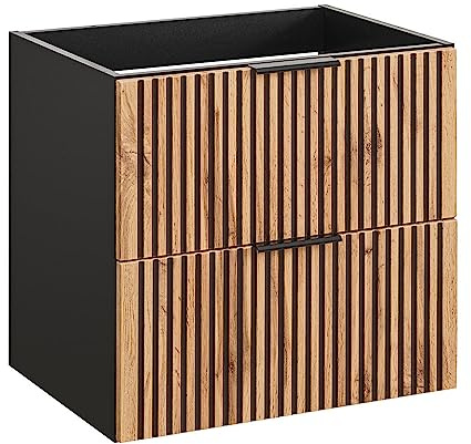 Lomadox Waschtischunterschrank 60 cm Waschbeckenunterschrank Unterschrank Badzimmerschrank 2 Schubladen anthrazit mit Eiche Nb. Schwarze Rillen 60x57x46 cm