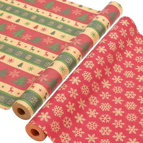 AhfuLife 2 Rollen Geschenkpapier Weihnachten, 43cm x 15m Weihnachtspapier Set, Nature Kraftpapier Weihnachtsgeschenkpapier für Weihnachten Papier Xmas Geburtstag Geschenk Verpackung