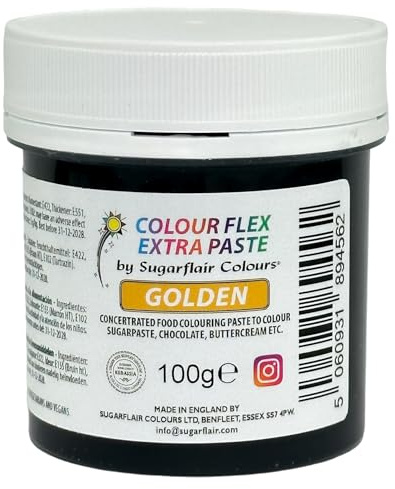 Sugarflair Colourflex Extra Paste Lebensmittelfarbe Paste Golden - Essbare Lebensmittel Farbe für Buttercreme, Schokolade, Zuckerpaste, Zuckerguss, Fondant, Kuchenmischungen, Teig und mehr - 100g