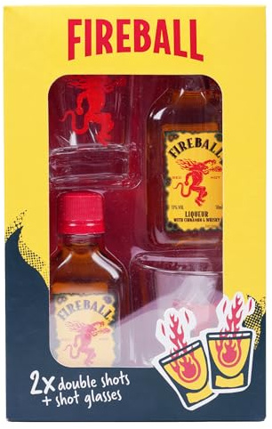 Fireball Whisky Gift Pack Contains 2 x 50ml Bottles of Cinnamon Whisky 33% ABV and Two Red Dragon Shot Glasses Limited Edition for Birthday Gifts, Christmas Gifts Stocking Fillers By Blue Tree Gifts