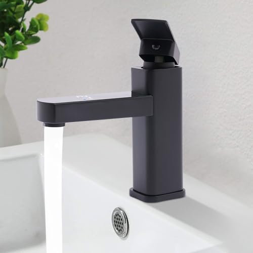 Waschtischarmatur Schwarz Wasserhahn Bad Waschbecken Mischbatterie Einhebel LED mit 2x Schläuche+2x Silikondichtungen,Wasserhahn für Badezimmer, Küchen, Duschen