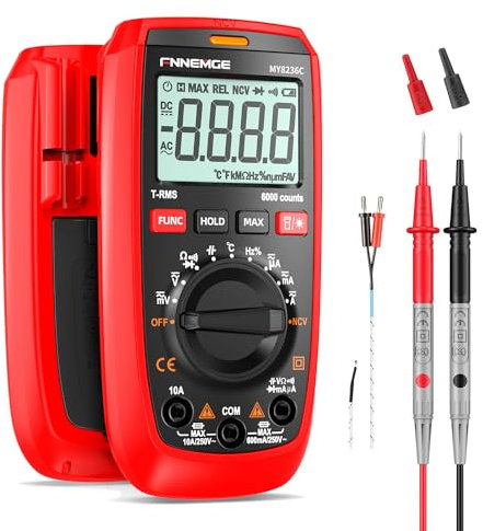 FNNEMGE Pinza Amperometrica Digitale DC/AC: 0-600A, Multimetro Valore Efficace vero 6000 Conteggi, Misurazione NCV Corrente Alternata/Corrente Continua, Tensione, Resistenza, (6000 Conteggi)