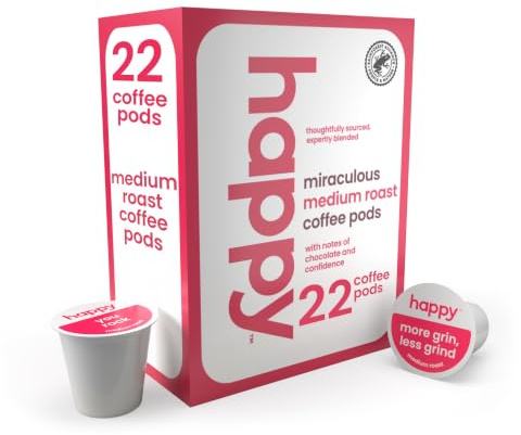 happy coffee medium roast coffee pods, 22 count, notes of chocolate & confidence, compatible with most K-cup brewers, rainforest alliance certified