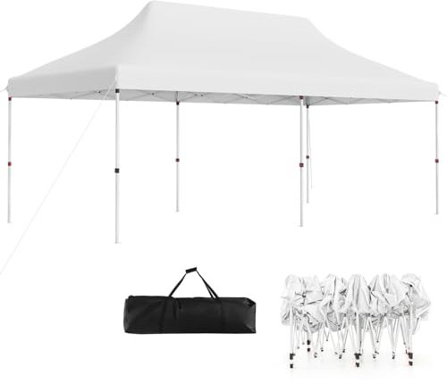 TANGZON 3 x 6M Pop-up Canopy Tent, 3-Level Height Adjustable Gazebo with Carry Bag, 6 Wine Ropes & 12 Ground Stakes, Heavy-Duty Waterproof Sunshade Shelter for Patio Garden Beach Wedding BBQ (White)