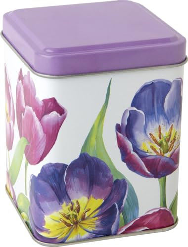 IHR Purple Tulips - Retro/Vintage Style Square Lid 100 g Tea Caddy/Kitchen Storage Tin - Purple, Mauve, White - 10 cm