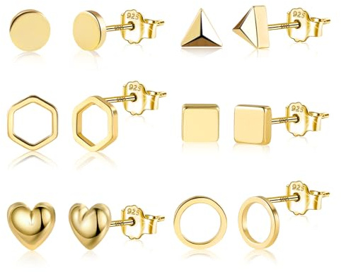 Gold Ohrringe Ohrstecker Set für Damen, Kleine Geometrische Ohrstecker Set 6 Paar Hypoallergen Mini Herz Ohrringe Dreieck Quadrat Hohl Ohrsteck Statement Ohrsteck Mehreren Piercings