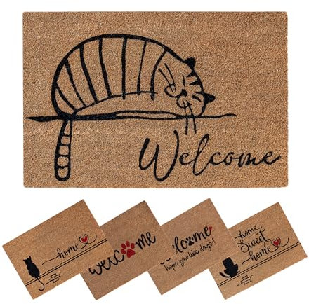 SPOTTED DOG GIFT COMPANY Door Mat Indoor Outdoor Welcome Coir Doormat for Inside Outside Entrance Front Door Mats 60 x 40cm Non Slip, Tabby Cat Themed Home Decor Gift for Cat Lovers Owners