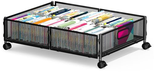 Memypers Modern Under Bed Storage Box, Black, 1点セット, 23.8 x 15.7 x 6.3 inches, Seasonal Clothes & Shoes Storage, 360° Wheels, Easy Assembly, Metal, Buckle Closure