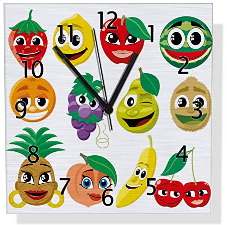 Wallario Design Wanduhr Obst-Smilies im Comic-Stil - Lustige Früchte aus Aluverbund, Alu-Uhr Größe 30 x 30 cm, Schwarze Zeiger mit Metalloptik