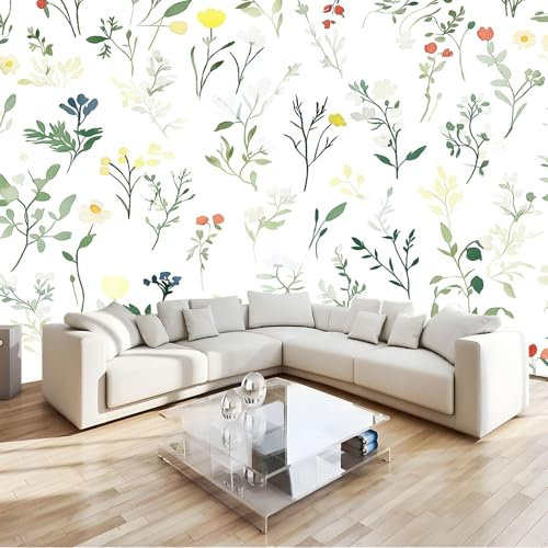 Murals Fotomurali 3D Pittura Ad Acquerello Fiori Selvatici 250 x 175 cm Moderna Fotomurali Decorazione da Muro Poster Bianco per Camere da Letto, Cucine, Soggiorni, dei Bambini Carta da Parati