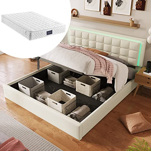Ntxplora Polsterbett mit Lattenrost und Stauraum Doppelbett inkl. LED-Beleuchtungsleiste Bettgestell 160x200cm, Stauraumbett Funktionsbett Bezug aus Kunstleder Weiß (Mit Matratze)