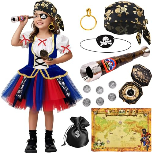 Tacobear Piratenkostüm Kinder Faschingskostüme Mädchen Tüll Kleid Piraten Kopftuch Augenklappe Fernrohr Cosplay Geburtstag Pirat Fasching Kostüm Piraten Piratin Kinderkostüm Karneval