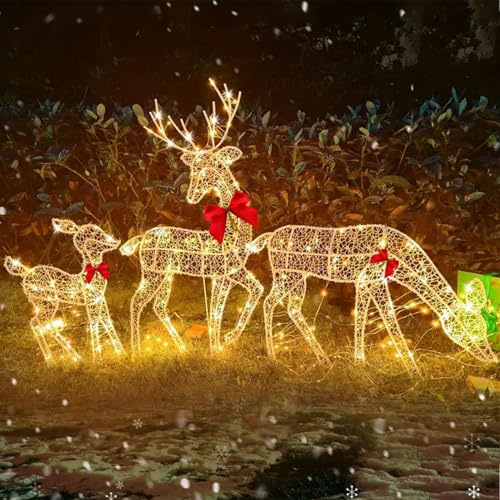 Xummpxuk 3 pièces de décoration de renne de Noël illuminées, cerf de Noël étanche, rennes scintillantes LED avec cloche et arc pour la maison et le jardin