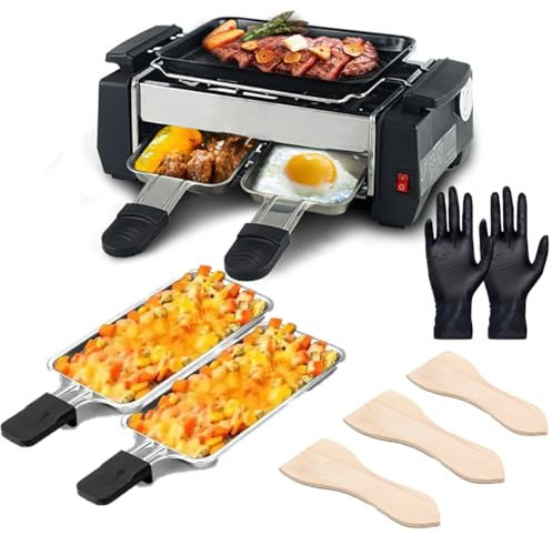 Raclette Grill 2 in 1 Electric Griddle Indoor Grill with Nonstick Temperature Control - Electric Korean BBQ Grill 1000W with Cheese Pans, Wooden Spatulas, and Gloves
