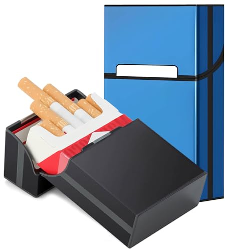 DxxD Boîte à Cigarettes Homme Aimanté, 2 Pcs Étui à Cigarettes en Métal, Porte Cigarettes Femme en Aluminium Etui Paquet Fermeture, Paquet de Cigarettes Contenir 20 Cigarettes (Noir, Bleu)