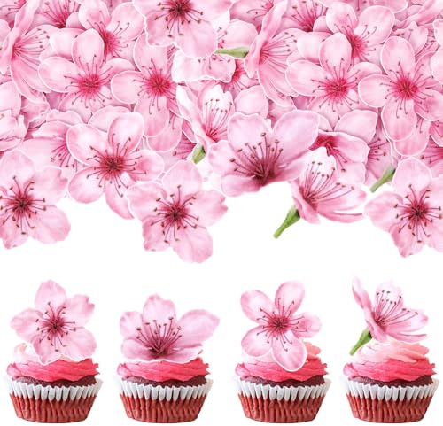 SYKYCTCY 40 Pack Edible Flowers Cake Decorations Pink Edible Cherry Blossoms Flowers Cupcake Toppers Wafer Paper Flowers Cupcake Picks for Baby Shower Kids Birthday Party Food Decorations Supplies