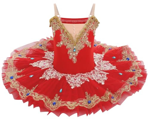 IDOPIP Bambino Ragazza Abiti da Balletto Danza Tutù Abito Perline Strass Fiori Ricamo Pizzo Cigno Scollo a V Sottile Spalline