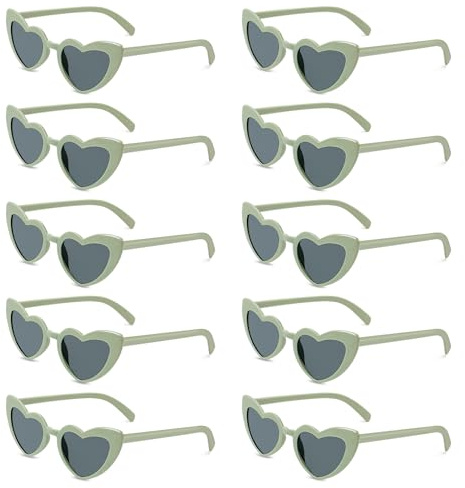 BINYI Herz Sonnenbrille Partybrille Set Herzform Brille JGA Brillen Herzbrille 90er Jahre Hippie Herzförmige Brille Herzchen Brille für Party Hochzeit Karneval Halloween 10 Stück (Grün)