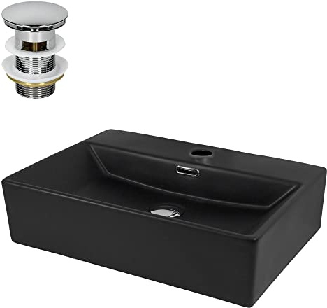 LuxeBath Waschbecken Keramik 515x360x130 mm eckig Schwarz mit Ablaufgarnitur Silber, Aufsatzwaschbecken Badezimmer/Gäste-WC Hängewaschbecken Wandmontage Aufsatzbecken Waschtisch Waschschale Waschplatz
