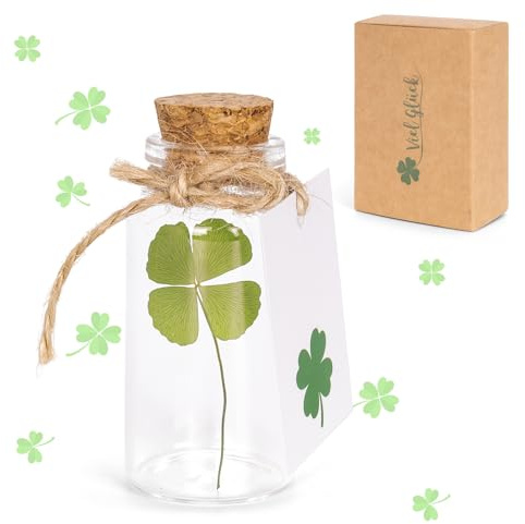 YYSWSAKY Amuleto de la suerte, Trébol de cuatro hojas auténtico en botella de vidrio con corcho, Regalos de agradecimiento, Amuleto para exámenes, Pequeño detalle para la buena suerte (green)