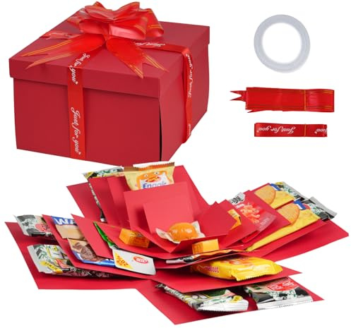 CROUTE Geschenkbox Explosionsbox, 5-Lagige Kreative Explosion Box, Surprise Box, DIY Handgemachte Überraschungsbox für Geburtstag Weihnachten Jubiläum Valentinstag Hochzeitsgeschenk (Rot)