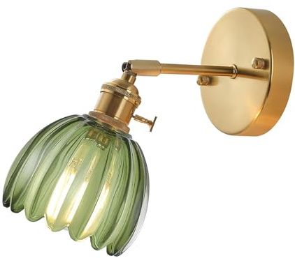 Hnexsei Vintage Wandleuchte mit Goldfinish, verstellbarem Arm und geriffeltem Glasschirm – Wandlampe für Schlafzimmer, Wohnzimmer und Flur – Elegante Wandbeleuchtung (Grün, 1er-Pack)