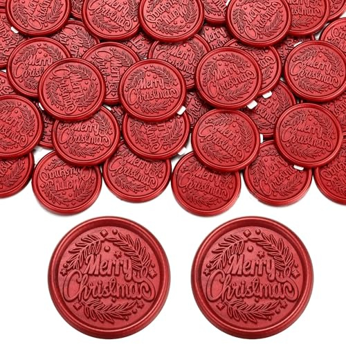 Filhome Wachssiegel Selbstklebend 50 Stück Frohe Weihnachten Wachssiegel Siegelwachs Rot Wachssiegelstempel Sticker Siegelaufkleber für Weihnacht Einladungen Geschenk (Merry Christmas #1)