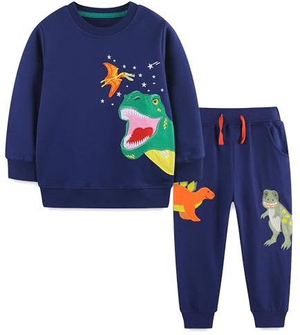 Tokeya Chándal Niño Algodón Conjuntos Deportivos Patrón Dinosaurio Mangas Largas Casual Sudadera Camiseta Pulóver y Pantalones Chandal Deporte de Otoño Invierno para Ropa Niños 4-5 Años, Azul Marino