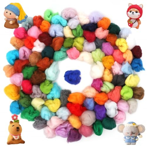 Yuragim 100 Farben Filzwolle Set, 3g je Farben 300g Filz Wolle Bunte Märchenwolle zum Filzen für Anfänger, Weich Kammzug Filzwolle Nassfilzen und Trockenfilzen Starterset DIY Handwerk Weihnachten Deko