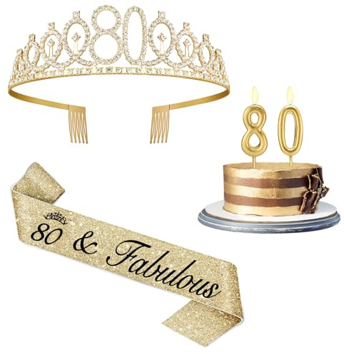 Amosking 80th Birthday Decorations for Women-Gold Sash Tiara Candles | 80th Birthday Sash and Crown, Gold Number 80 Candles, 80 and Fabulous Gifts for Women