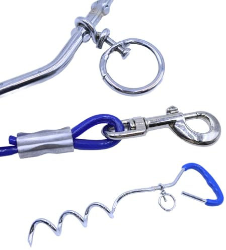 Nicear Juego de estacas y cables de amarre para perros de exterior, estacas resistentes y cadenas para perros de 3 m, correa portátil para mascotas para patio, camping y parque.