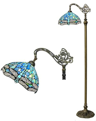 BOTOWI Lámpara de pie Tiffany para Lectura lámpara de pie con Cuello de Cisne y vidrieras para Lectura lámpara Alta arqueada de Estilo libélula Antigua para Sala de Estar Dormitorio Oficina,Azul