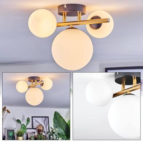 HOFSTEIN Deckenleuchte Chehalis, 3-flammige Deckenlampe aus Metall/Milchglas in Schwarz/Gold/Weiß, moderne Leuchte im Retro/Vintage-Design (Ø Schirme 10; 15cm), G9, Esszimmer, Schlafzimmer, Wohnzimmer