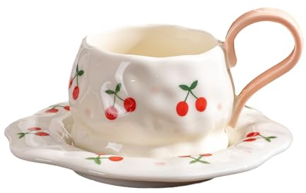OHAANYY Handmålat kaffekopp-set i keramik med tefat, 250 ml körsbärsdesign, koreansk stil oregelbunden kopp för cappuccino latte te, 1 kopp och 1 fat (PINK)